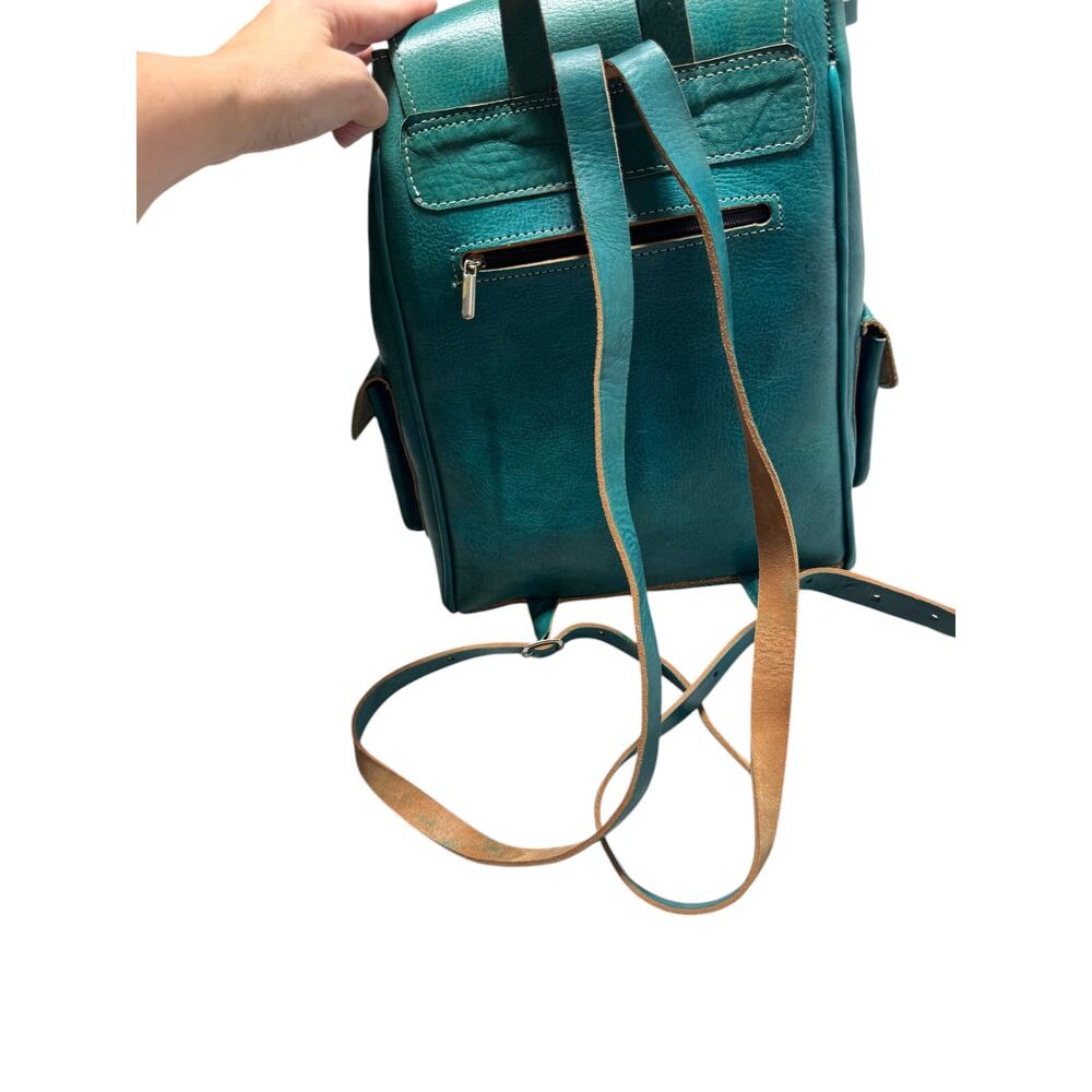 Vintage Backpack Bag Womens Teal Green Leather Rucksack Drawstring Buckle Pocket - Picture 9 of 16